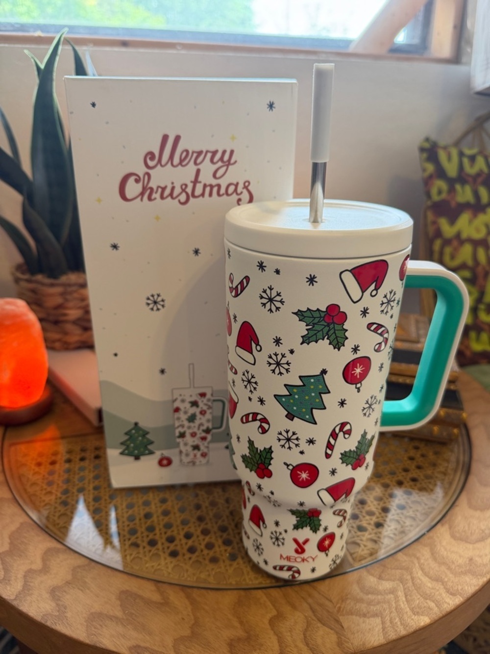 Merry Christmas Holiday Travel Tumbler with Straw - White/Green